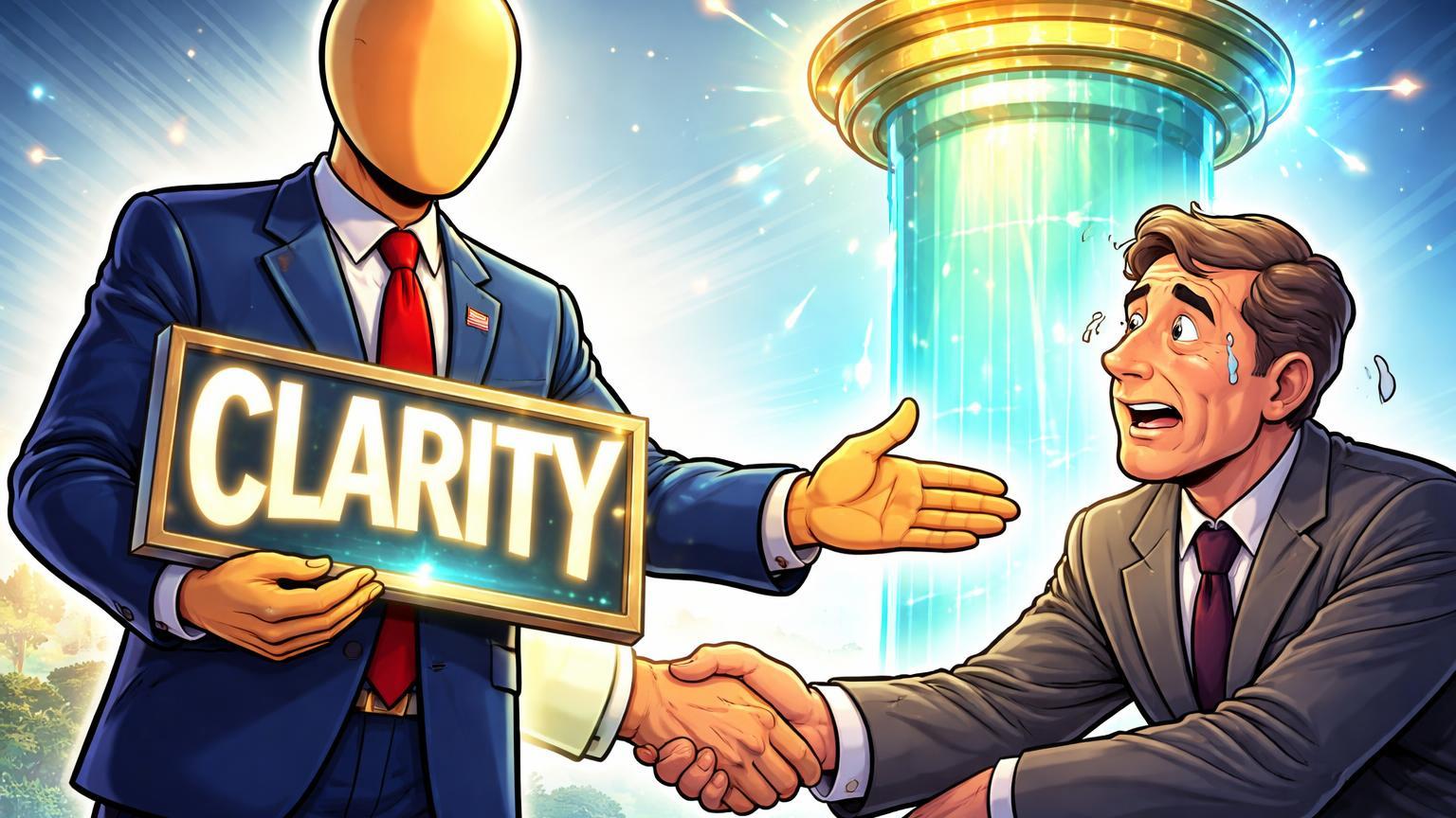 Mensageiro da Casa Branca cartoon acalmando banqueiro preocupado com pilar de stablecoin ao fundo, simbolizando debate no CLARITY Act