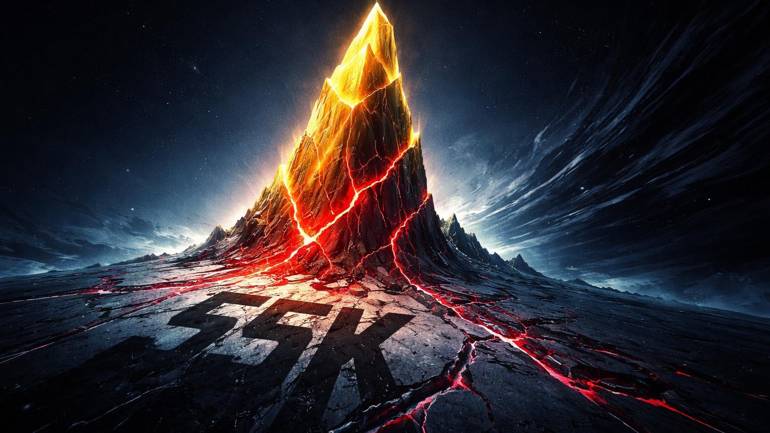 Pico cristalino dourado rachando na base com sombra '55K' e ondas escuras pressionando, alertando risco de correção do Bitcoin para US$55 mil