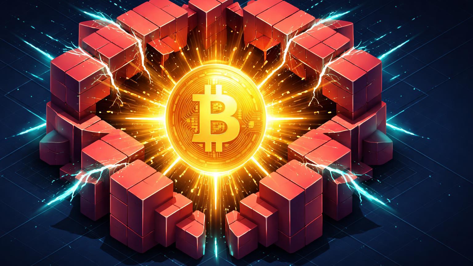 Núcleo dourado Bitcoin comprimido por prismas vermelhos em vista isométrica, rachando com partículas cyan, sinalizando potencial short squeeze