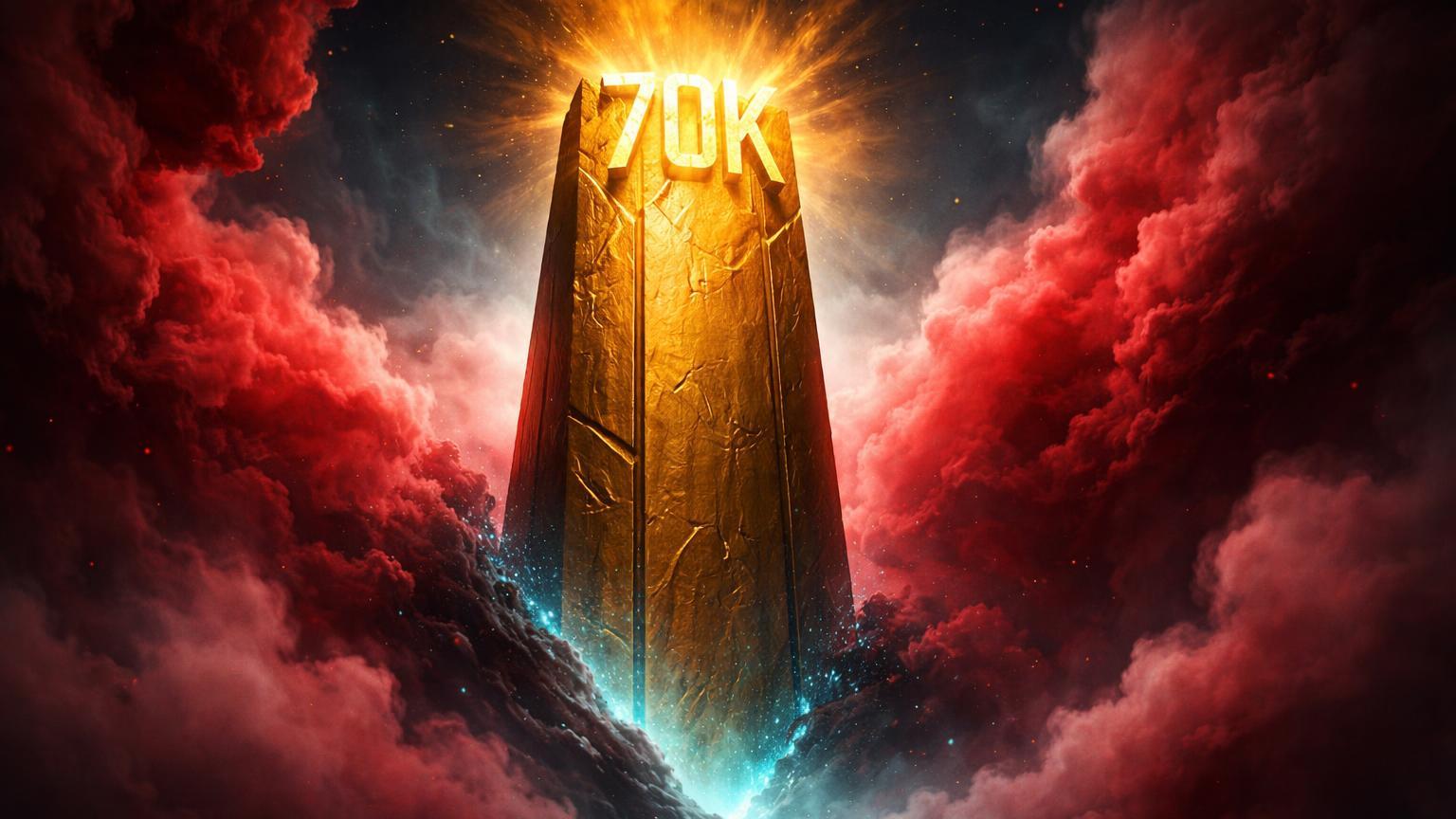 Monolito dourado com 70K esculpido rompendo névoa vermelha densa, simbolizando alta do Bitcoin apesar de medo extremo no Fear & Greed