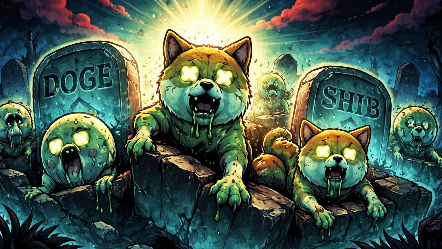 Horda zumbi cartoon de memecoins como Dogecoin e Shiba Inu emergindo de sepulcros para luz cyan dourada, sinalizando fundo após pessimismo extremo