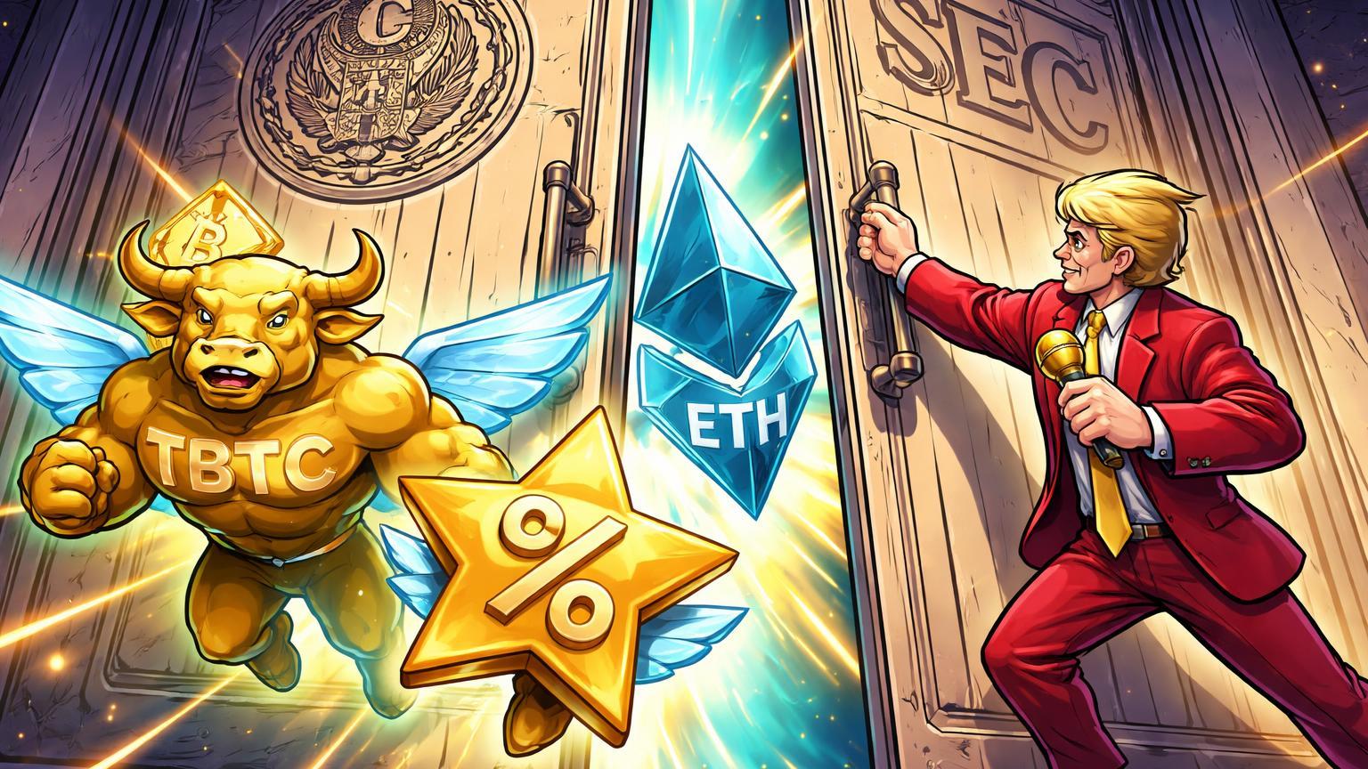 Personagem cartoon Trump Media empurrando porta da SEC com touro BTC, prisma ETH e estrela CRO emergindo, simbolizando pressão por ETFs com staking