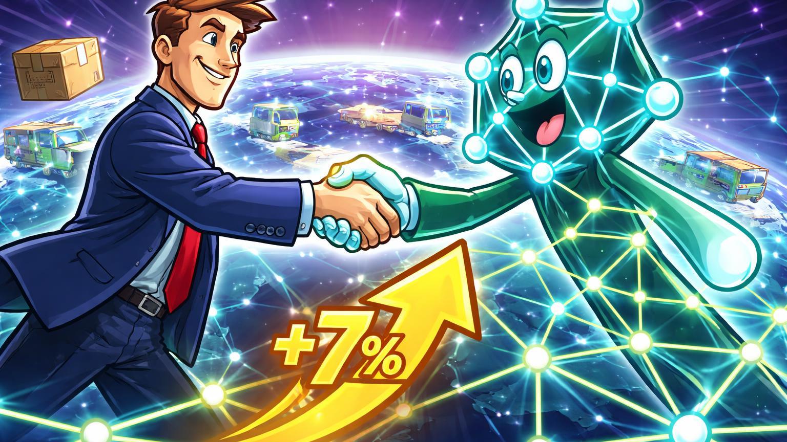Personagens cartoon de FedEx e Hedera em handshake sobre rede logística blockchain, com seta +7% simbolizando alta do HBAR por adesão institucional