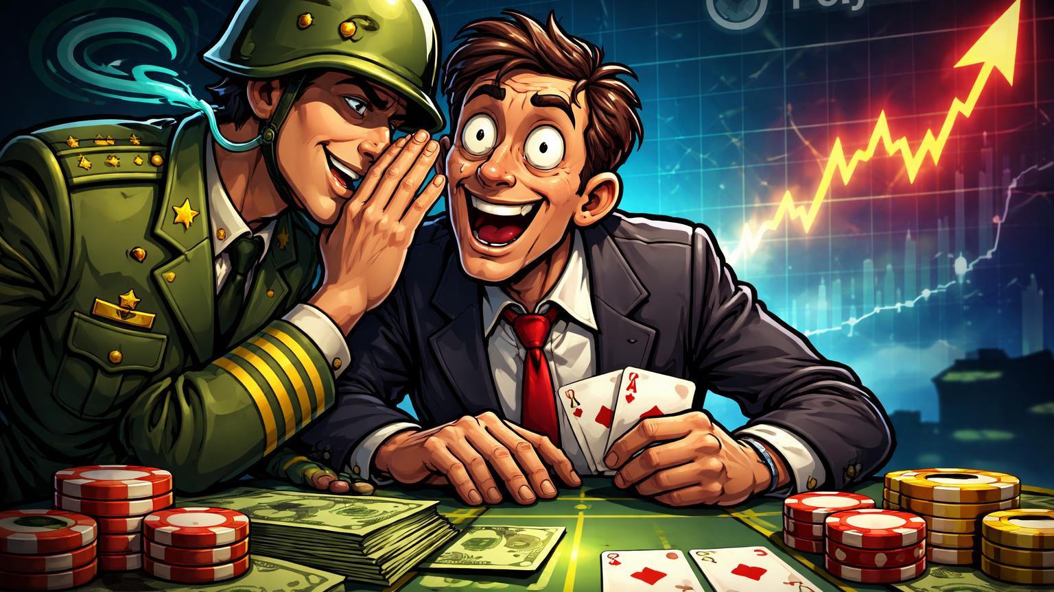 Oficial militar cartoon sussurrando a trader ansioso em mesa de apostas manipulada, ilustrando insider trading no Polymarket