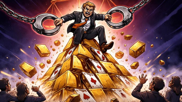 CEO cartoon no topo de pirâmide Ponzi colapsando sendo algemado, com investidores chocados abaixo, simbolizando condenação por fraude Bitcoin