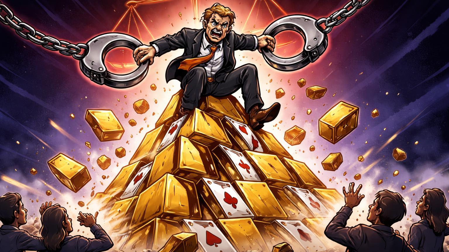 CEO cartoon no topo de pirâmide Ponzi colapsando sendo algemado, com investidores chocados abaixo, simbolizando condenação por fraude Bitcoin