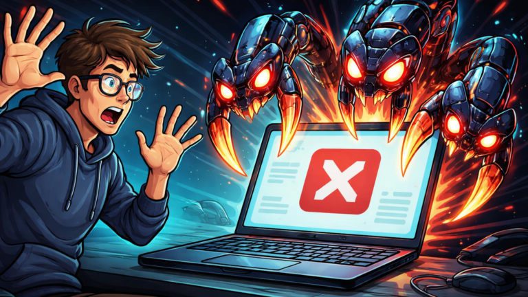 Desenvolvedor cartoon sendo atacado por garras IA emergindo da tela do laptop, representando riscos de agentes autônomos em projetos open source