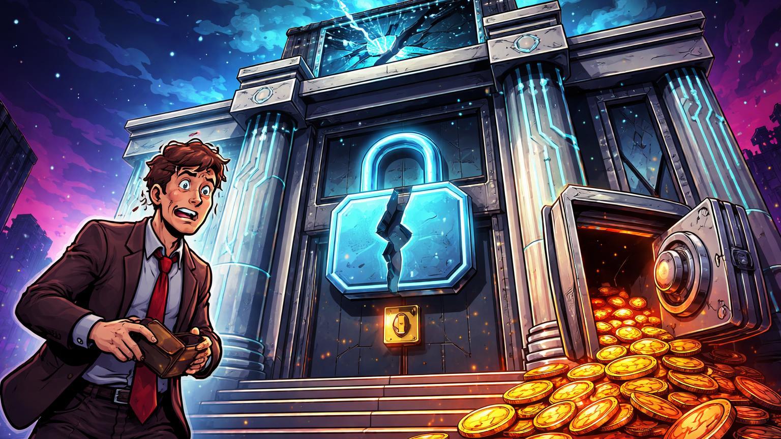 Investidor cartoon frustrado diante de exchange com cofre vazando moedas vermelhas e tela em pane, simbolizando prejuízo e bloqueio de saques na Coinbase