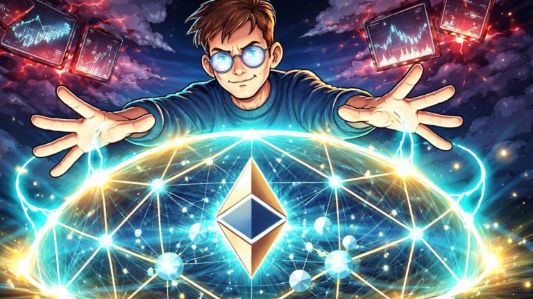 Personagem cartoon de Vitalik ativando rede de hedging protetora sobre ecossistema Ethereum, contrastando com prediction markets degradados