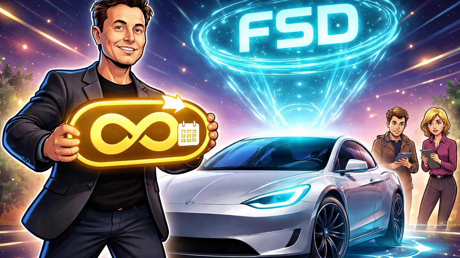 Elon Musk cartoon anunciando assinatura FSD exclusiva com donos de Tesla reagindo, simbolizando mudança para modelo mensal recorrente