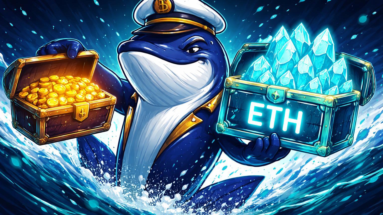 Baleia cartoon de ETH emergindo do oceano digital, liberando moedas douradas de baúl parcial enquanto segura tesouro ETH colossal, simbolizando profit taking estratégico
