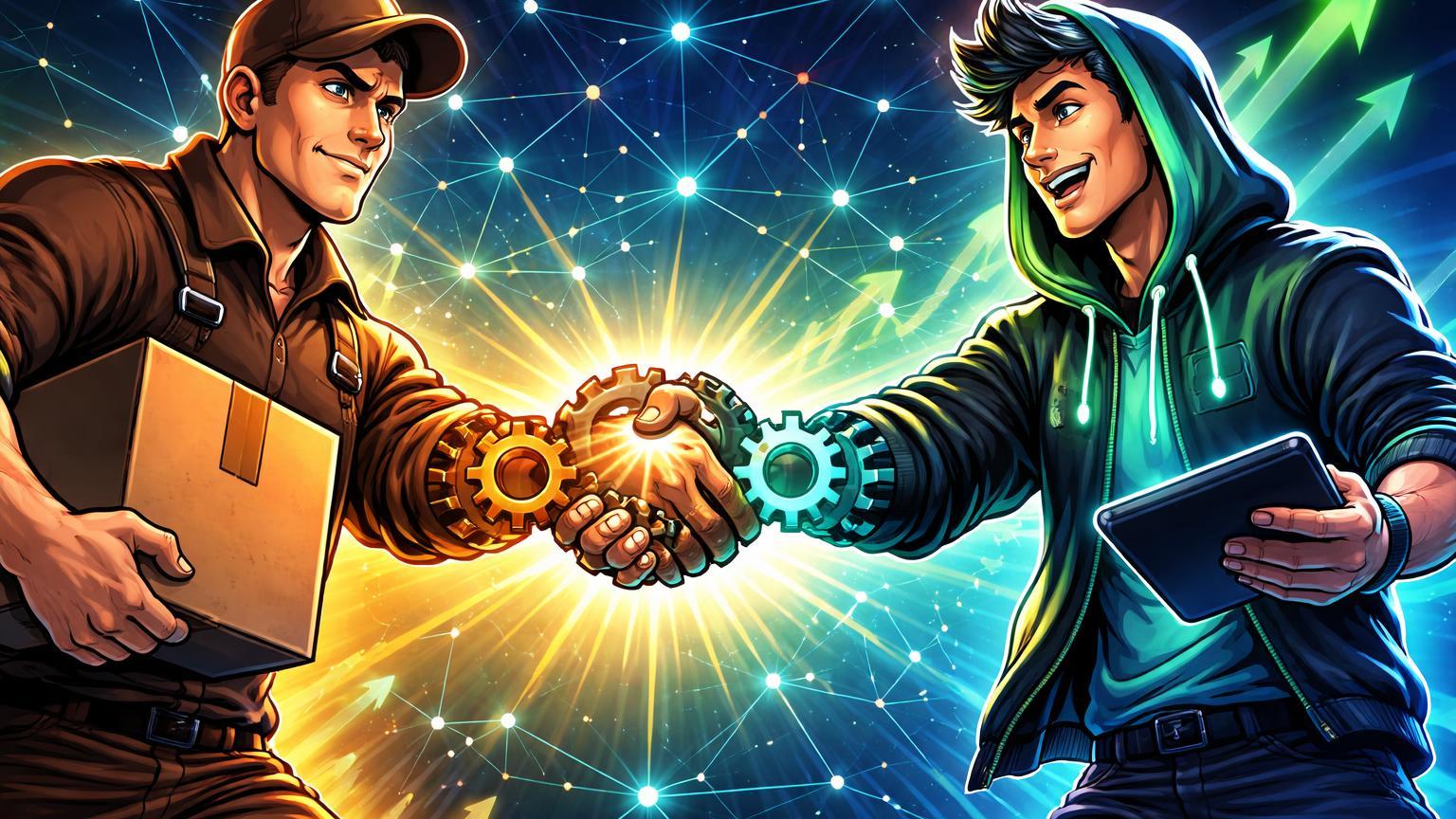 Personagens cartoon de entregador logístico e trader tech sincronizando engrenagens em rede digital, simbolizando adoção de FedEx na Hedera e Robinhood L2