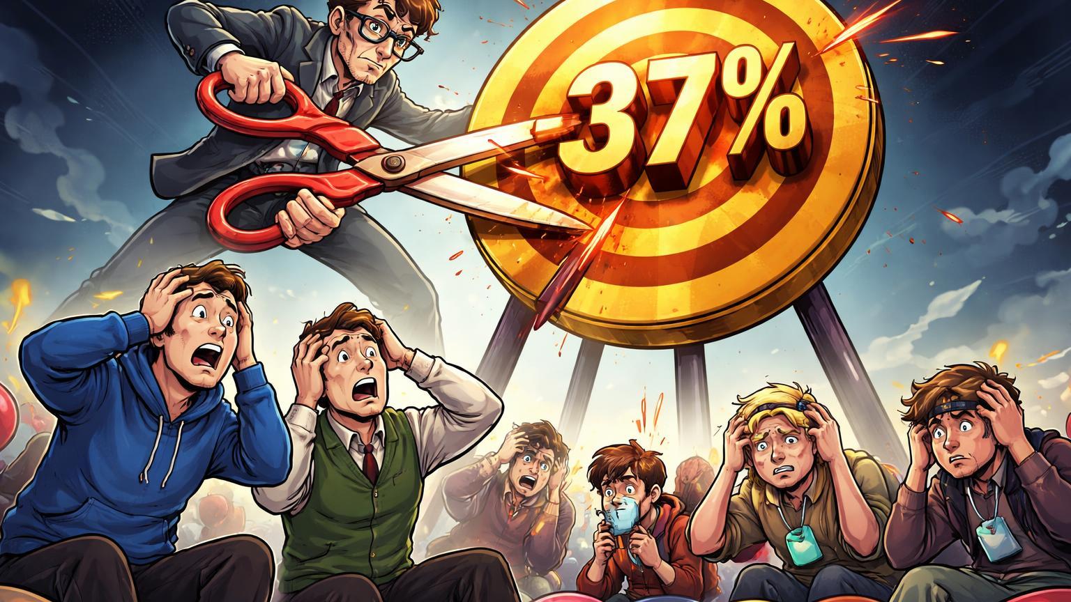 Analista cartoon cortando alvo '-37%' com tesoura gigante sobre executivos de Coinbase e Robinhood, varejistas em ressaca simbolizando corte do Benchmark