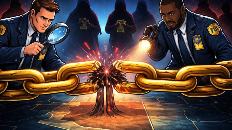 Agentes FBI cartoon examinando corrente Bitcoin rachada com silhuetas criminosas, alertando riscos de resgates em sequestros nos EUA