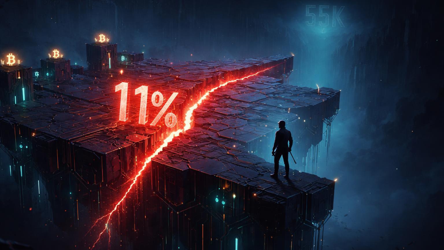 Plataforma de mineração Bitcoin rachada com '11%' vermelho e abismo distante '55K', sinalizando fundo de bear market ainda longe