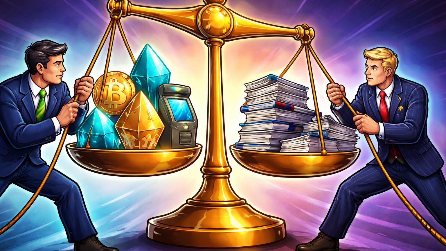 Personagens cartoon reguladores do Brasil e EUA ajustando balança com criptoativos, simbolizando avanços regulatórios em Anbima e Virgínia