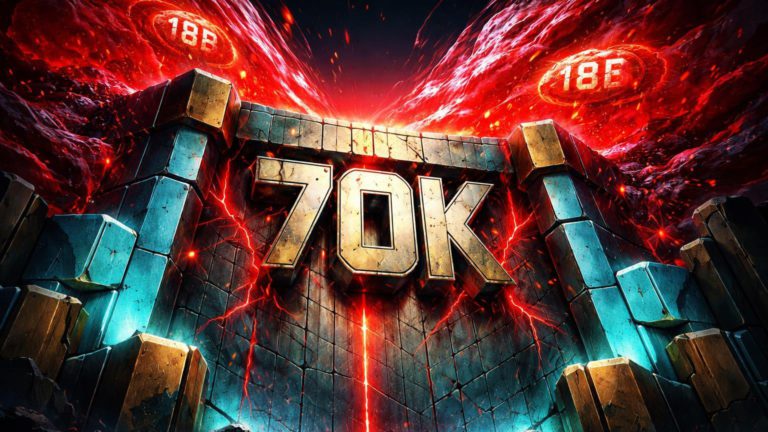 Barragem digital cyan sob pressão vermelha com '70K' gravado, alertando liquidações de US$ 18 bi no Bitcoin e ETH