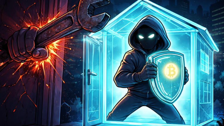 Holder cartoon defendendo wallet luminosa de mão gigante com chave inglesa, ilustrando riscos de wrench attacks na França