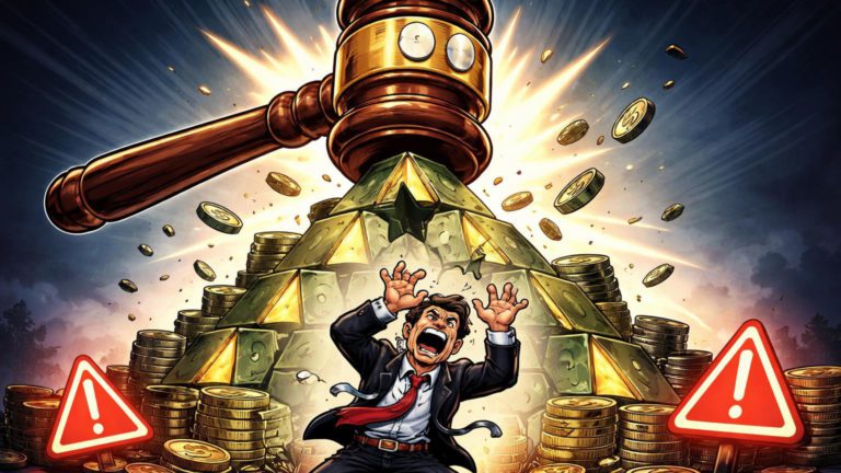 Martelo judicial cartoon esmagando pirâmide Ponzi com CEO algemado embaixo, alertando sobre esquemas de fraude em criptomoedas