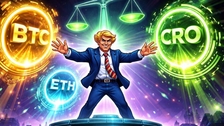 Personagem cartoon magnata midiático ativando portais BTC dourado, ETH cyan e CRO verde com anáis de staking, simbolizando ofensiva de ETFs da Trump Media