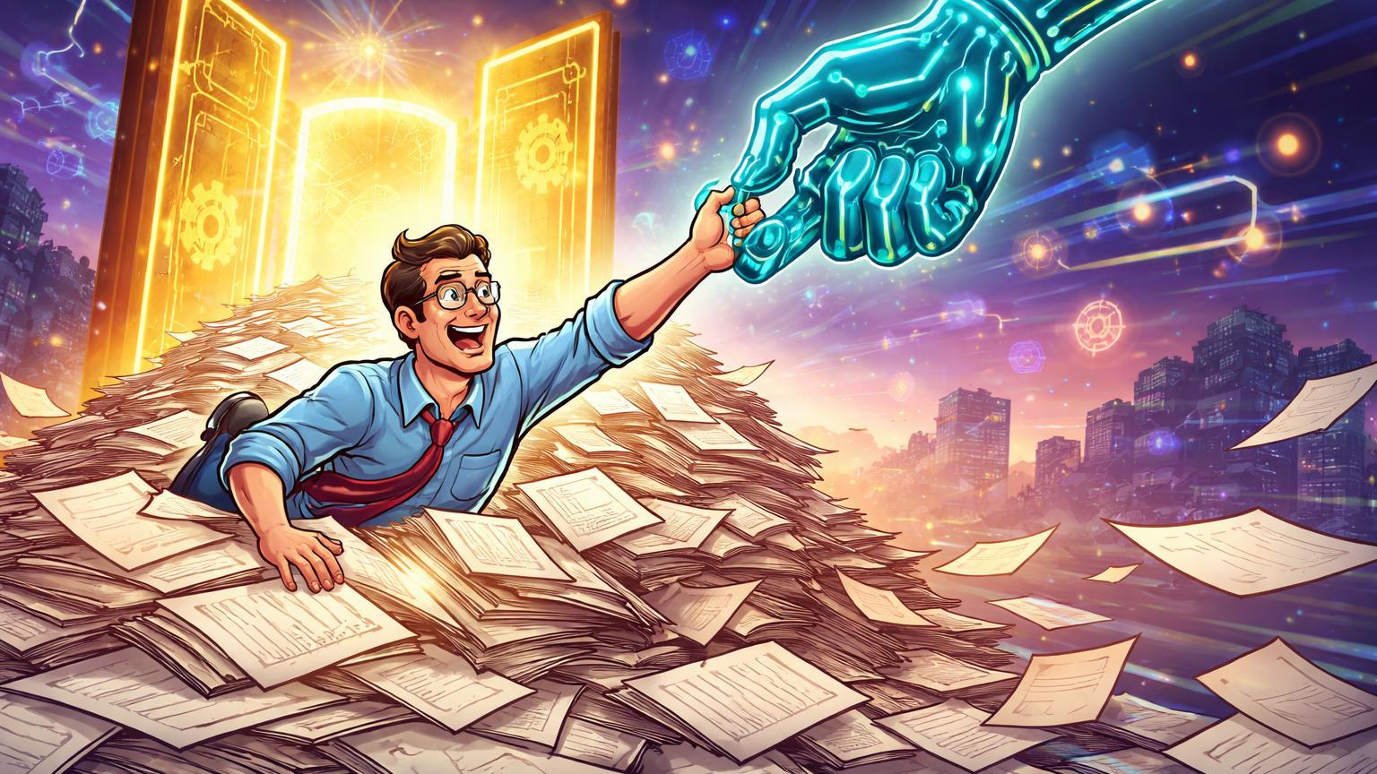 Trabalhador cartoon soterrado em papéis sendo resgatado por mão IA, com portas blockchain abrindo no horizonte de oportunidades