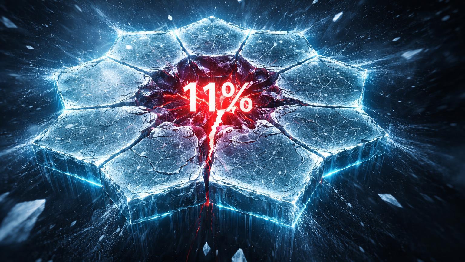 Rede cristalina hexagonal rachando com '11%' em fratura vermelha sob tempestade de gelo digital, sinalizando queda na dificuldade de mineração Bitcoin