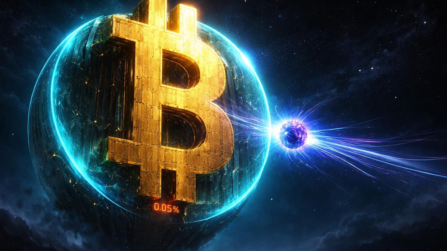 Fortaleza dourada Bitcoin repelindo partícula quântica com brecha minúscula '0.05%', simbolizando risco baixo à segurança revelado por CoinShares
