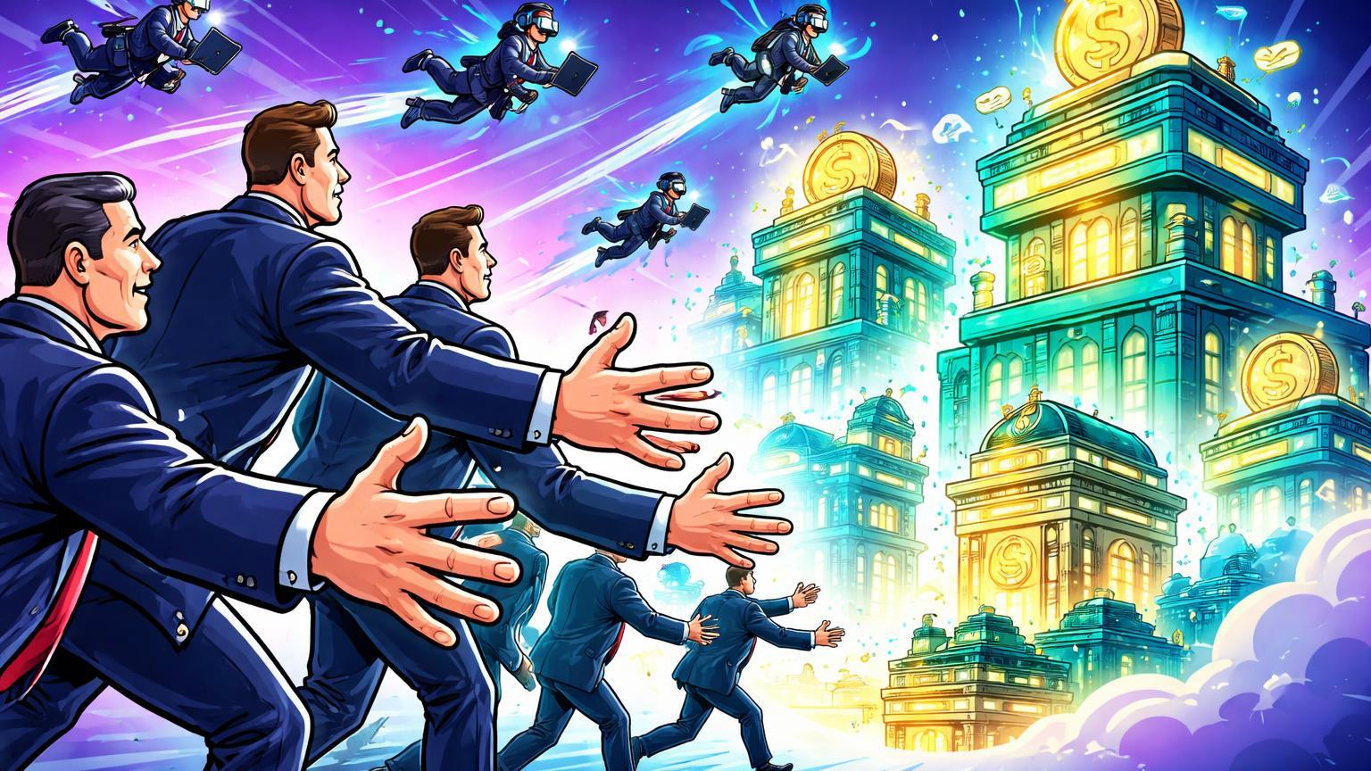 Executivos bancários cartoon marchando para exchanges neon com talentos tech voando, simbolizando invasão institucional em cripto