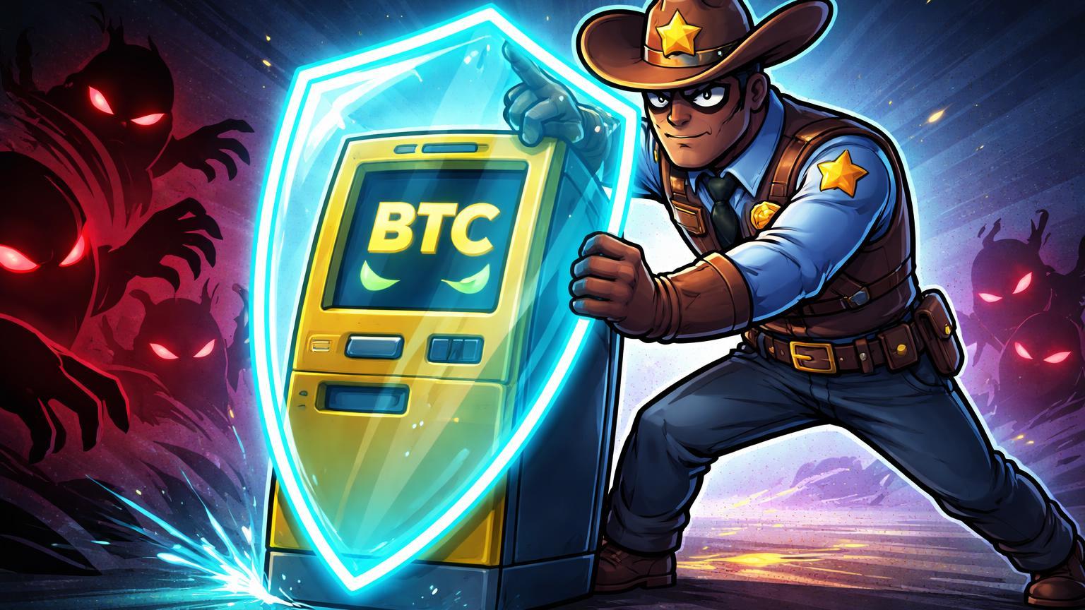 Xerife regulatório cartoon protegendo kiosk Bitcoin com escudo cyan contra sombras fraudulentas, ilustrando lei antifraudes na Virginia