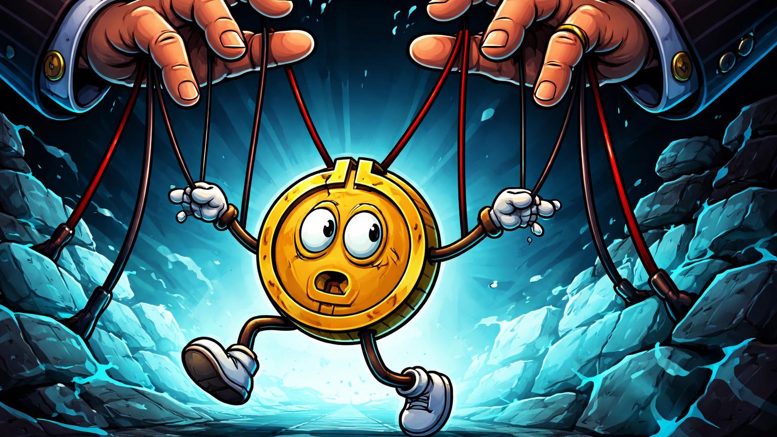 Personagem Bitcoin marionete controlada por mãos de Wall Street via fios vermelhos, ilustrando dominância de derivativos no preço on-chain