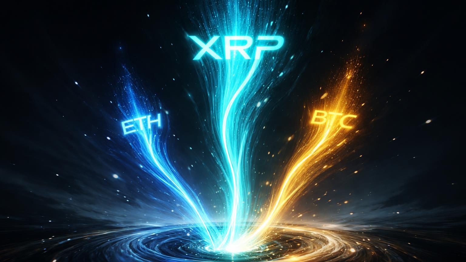Fluxos de energia cyan XRP liderando sobre dourado BTC e azul ETH emergindo de vórtice, simbolizando supremacia de XRP na recuperação cripto