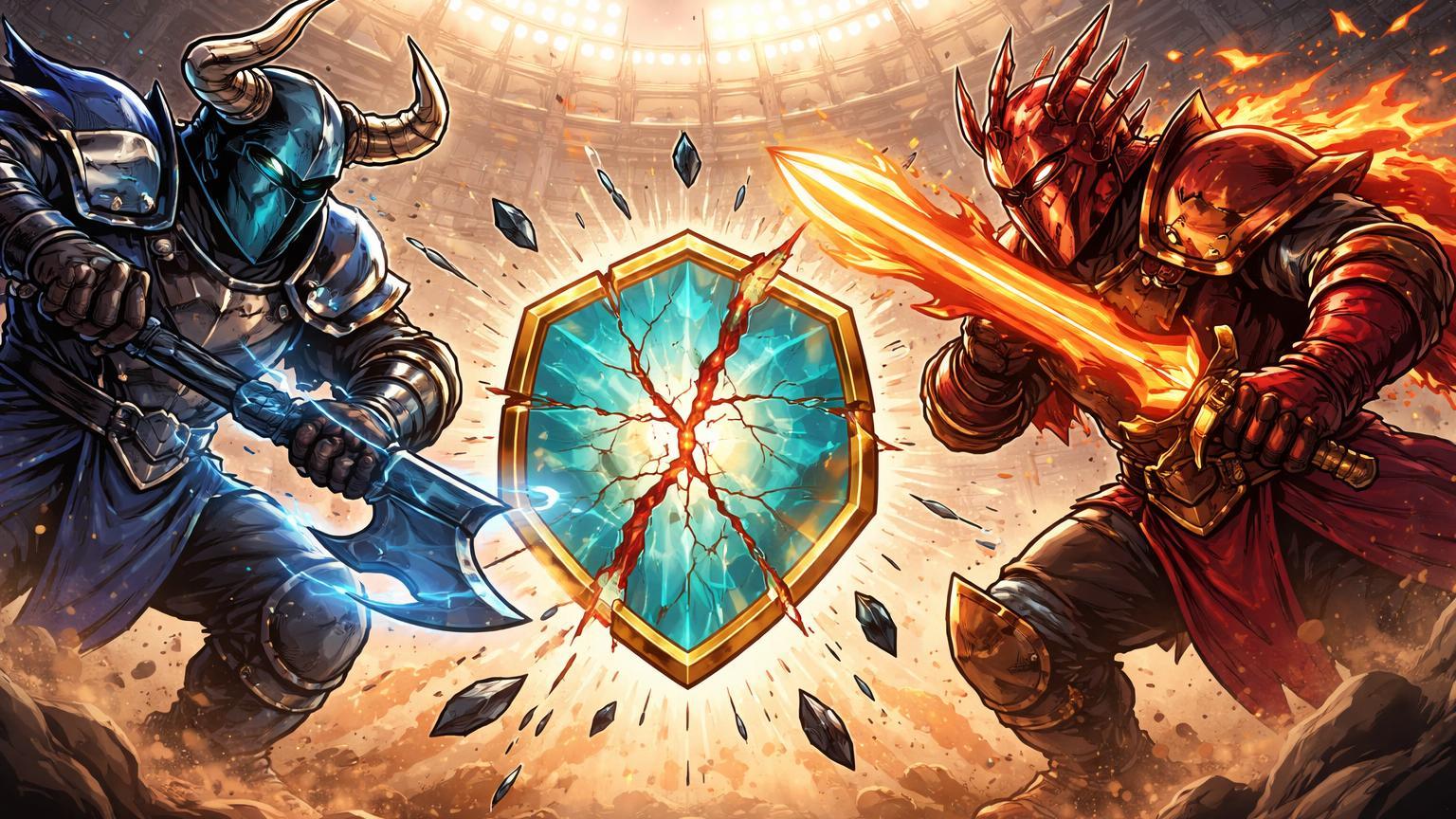 Gladiadores cartoon azul e vermelho atacando arena com escudo ETF cripto rachando no centro, simbolizando guerra política Obama-Trump impactando setor