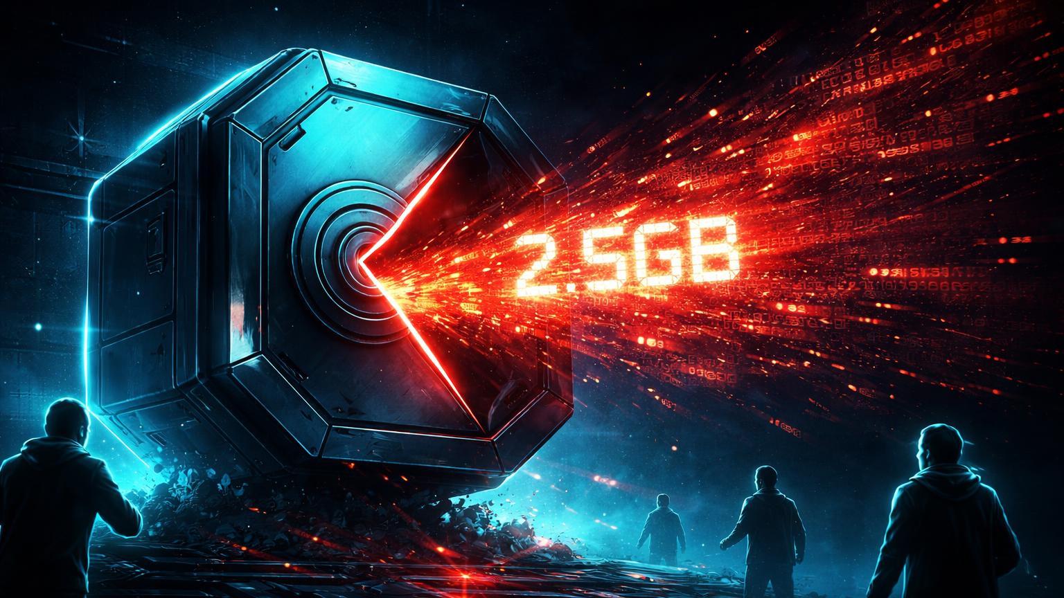 Cofre digital cyberpunk rachado vazando nuvem de dados vermelhos com 2.5GB glitchado, simbolizando vazamento de dados de clientes na Figure
