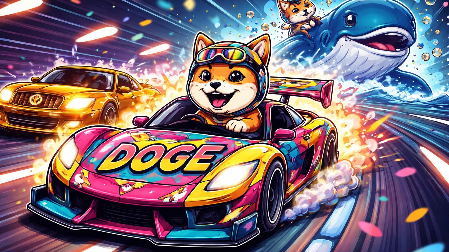 Shiba inu cartoon pilotando carro DOGE ultrapassando veículo Bitcoin dourado em pista caótica, com baleia acumulando FLOKI, simbolizando frenesi de memecoins