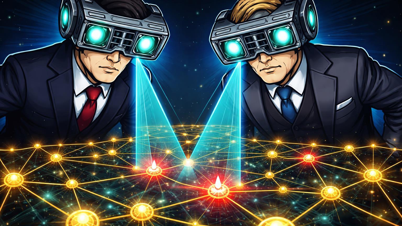 Reguladores cartoon com visores IA estilizados escaneando rede cripto com raios cyan, simbolizando vigilância global contra manipulações