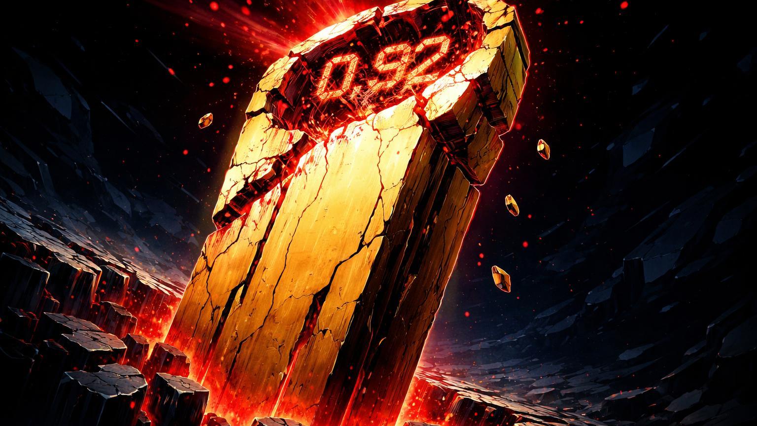 Pilar dourado de Bitcoin com fissura vermelha contendo 0.92, simbolizando zona crítica de perdas no indicador aSOPR