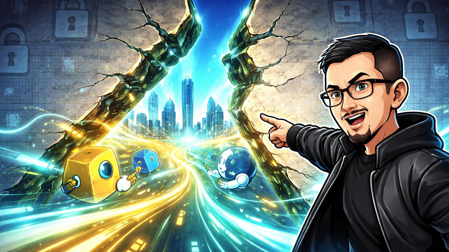 CZ cartoon apontando rachadura em muro de privacidade, revelando futuro de pagamentos cripto e machine economy de IAs no Fórum 2026