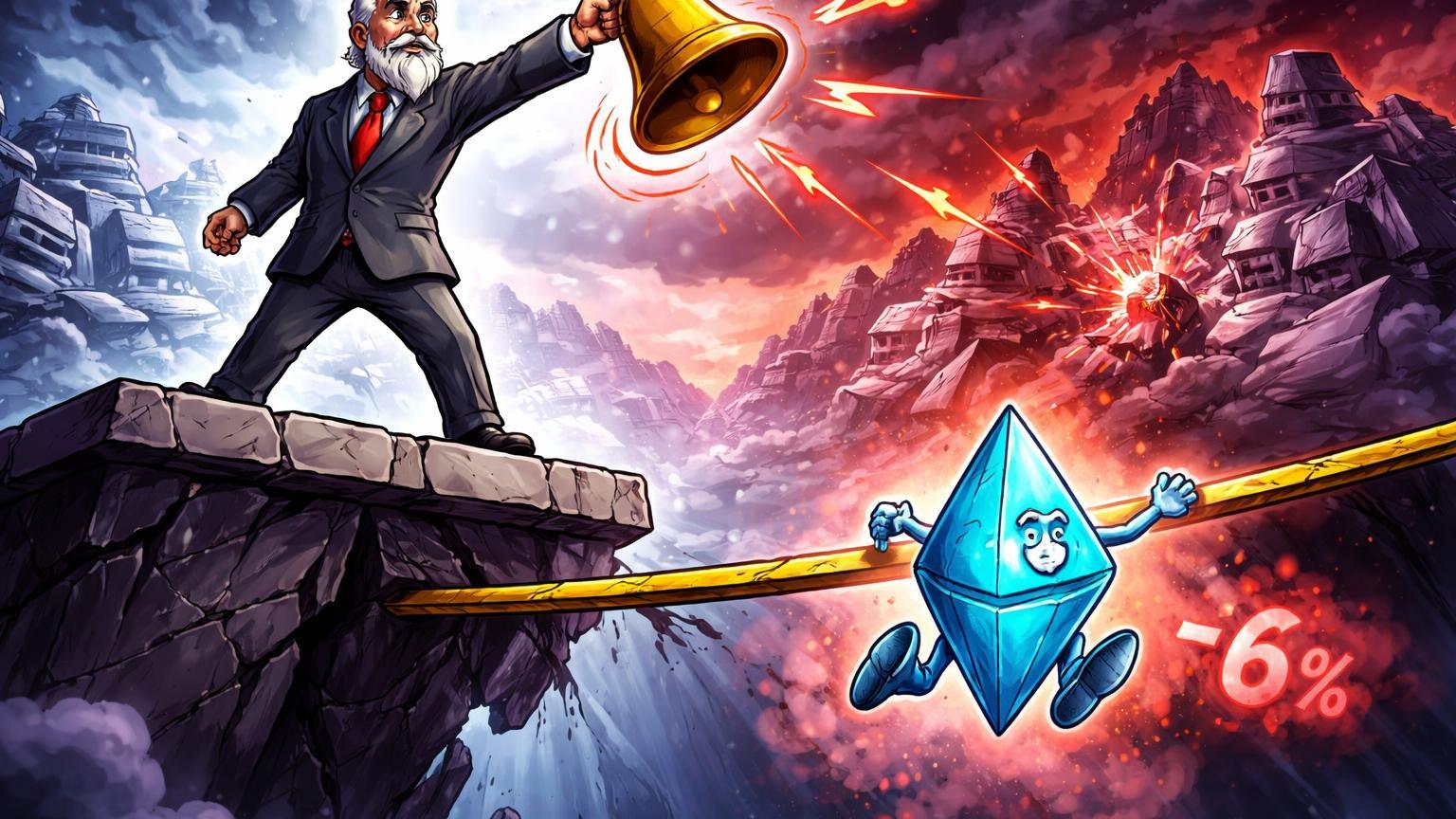 Investidor cartoon alertando com sino sobre guerra de capitais, enquanto personagem Ethereum cai por suporte rachado, simbolizando crise macro e viés de baixa