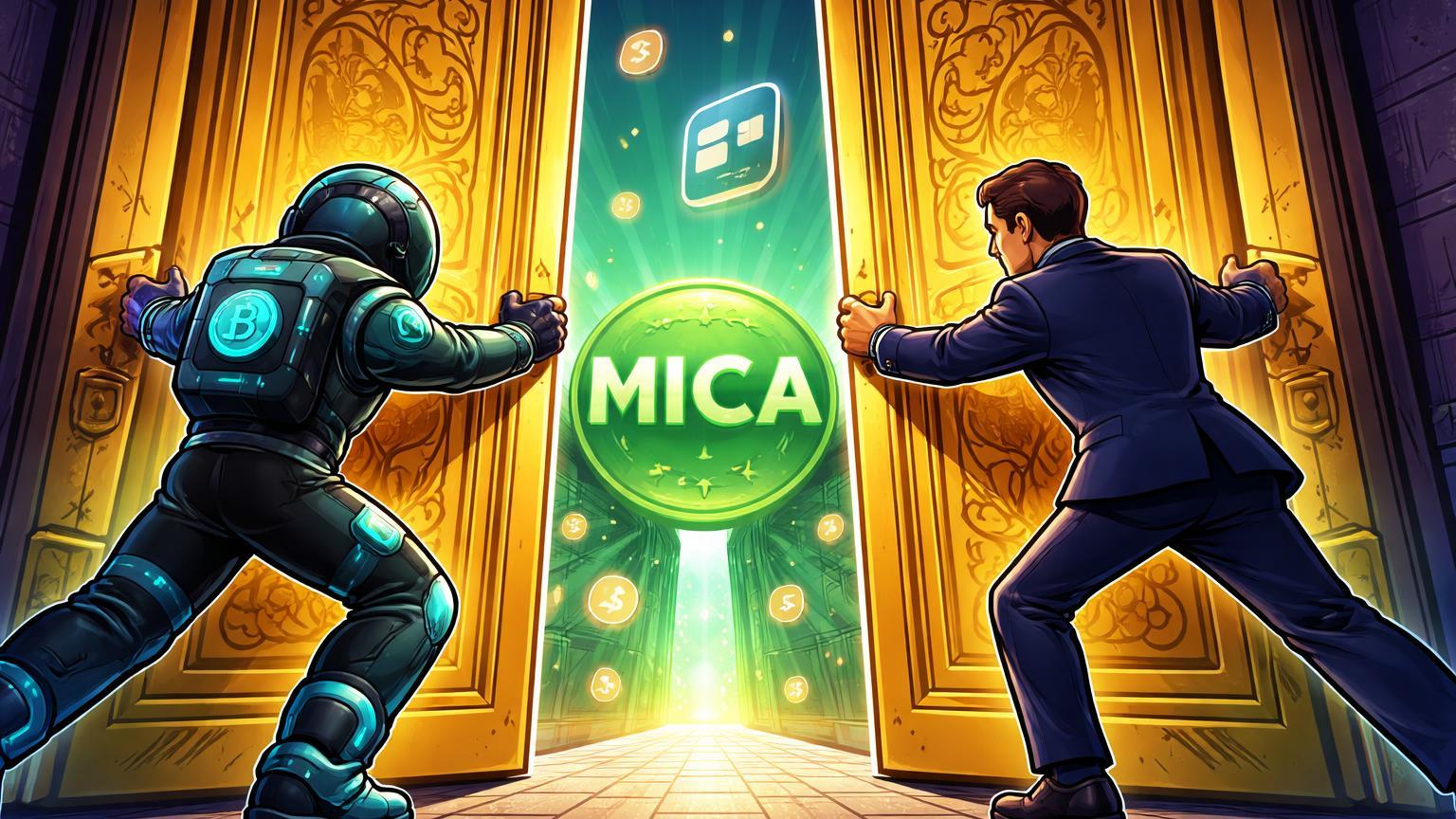 Personagens cartoon estilizados abrindo portas europeias com selo MiCA e stablecoins flutuando, celebrando licença da OKX em Malta