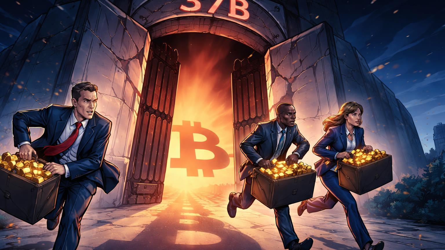 Executivos cartoon saindo apressados de portões ETPs com maletas de capital e '37B' gravado, simbolizando êxodo institucional e cortes em forecasts BTC