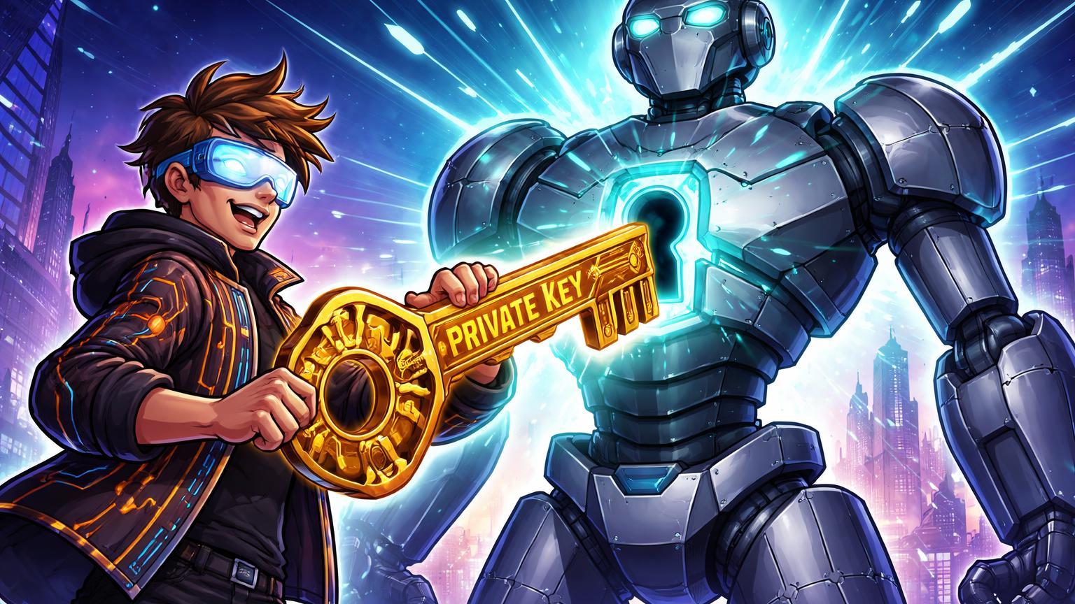 Personagem cartoon inserindo chave privada dourada em robô IA, simbolizando controle via cripto na visão futurista de Balaji Srinivasan