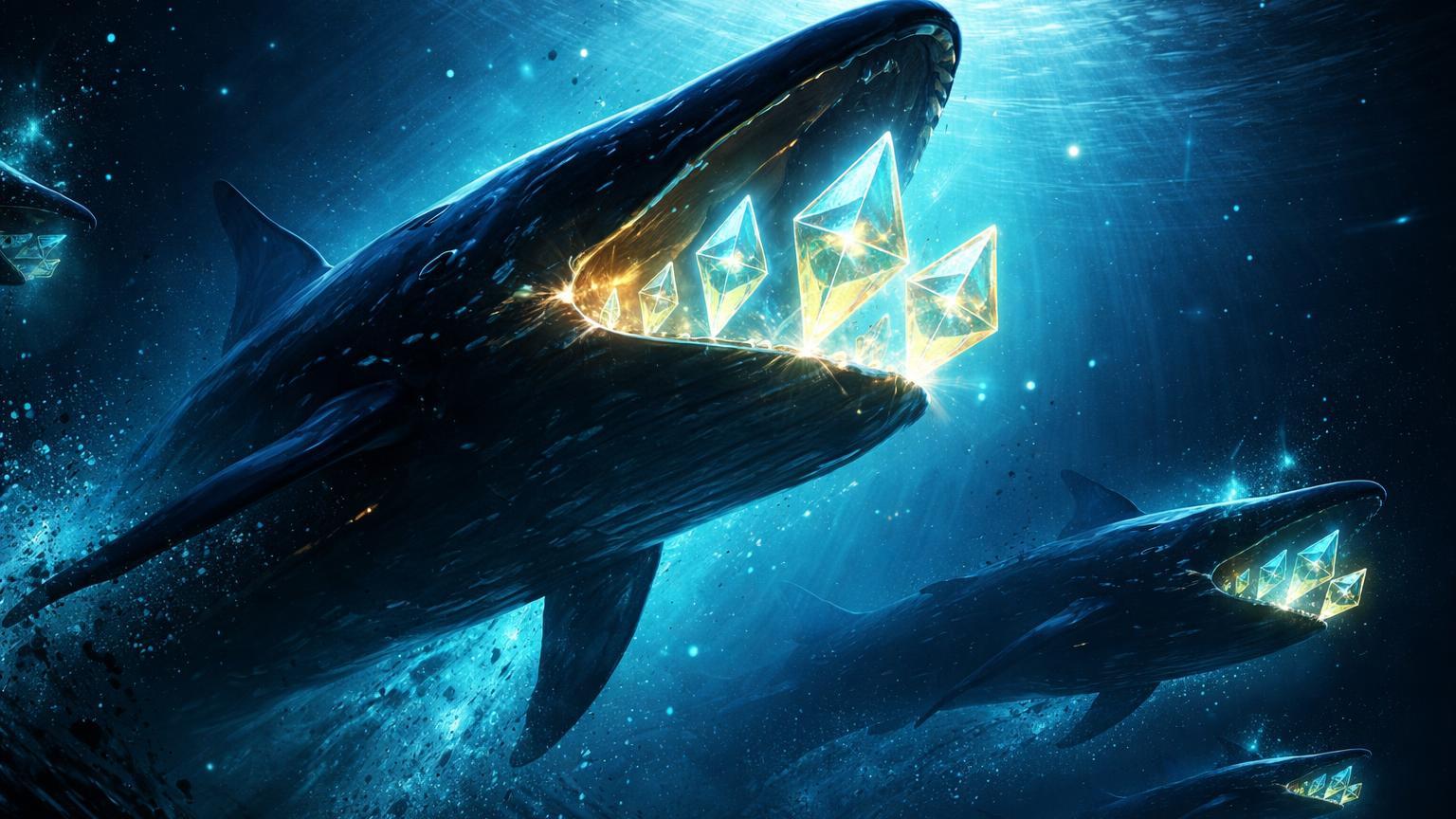 Silhuetas de baleias digitais emergindo de profundezas coletando prismas ETH luminosos, simbolizando acumulação on-chain em suporte de preço baixo