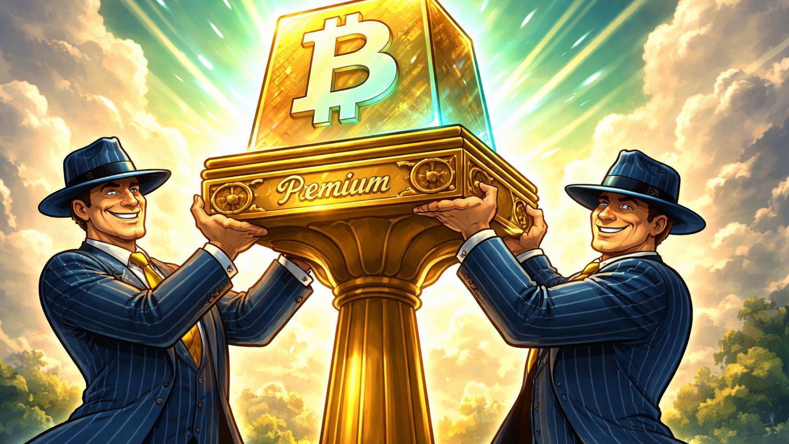 Traders Wall Street cartoon erguendo pedestal BTC premium sob aurora verde-dourada, simbolizando basis premium pago e soft landing iminente