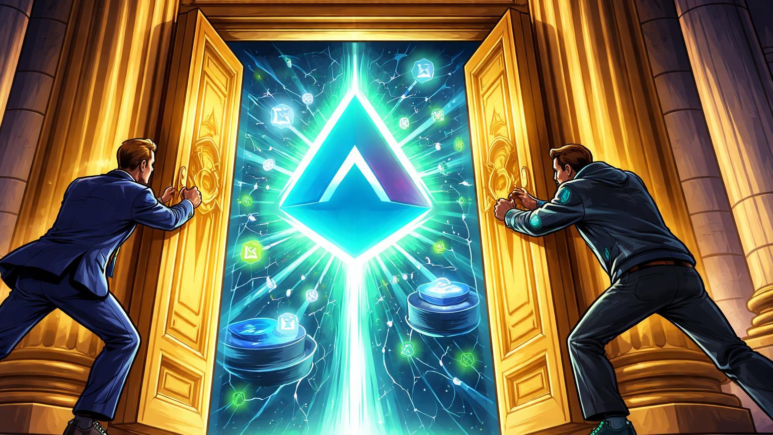 Executivos cartoon de Grayscale e Coinbase abrindo portas da NYSE para prisma AAVE em ecossistema DeFi, marcando primeiro ETF spot de empréstimos descentralizados