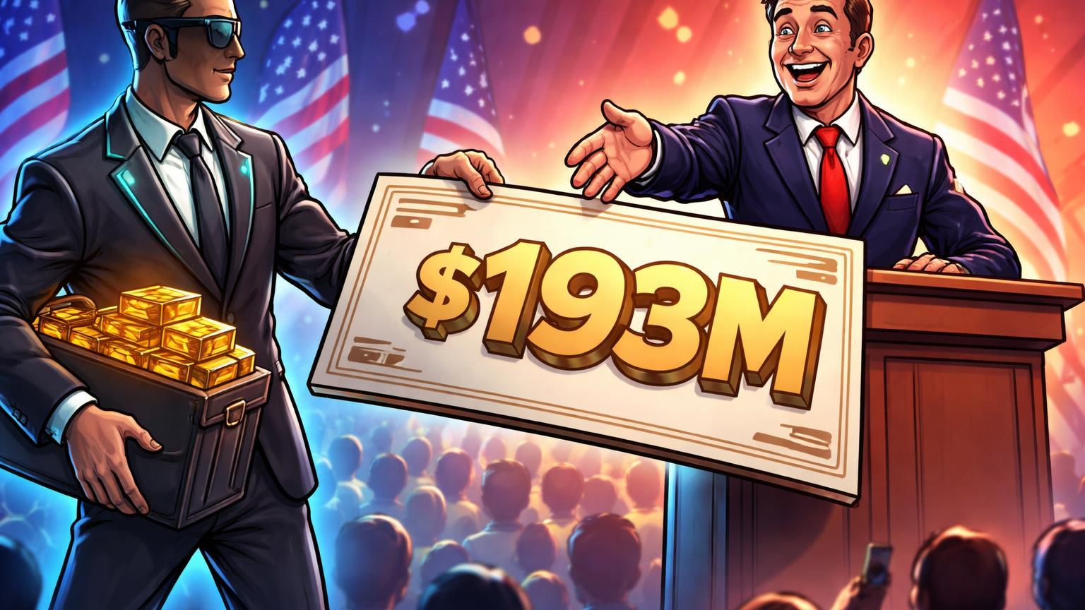 Lobista cripto cartoon entregando cheque gigante '193M' a político em palanque, simbolizando lobby da indústria nas eleições EUA