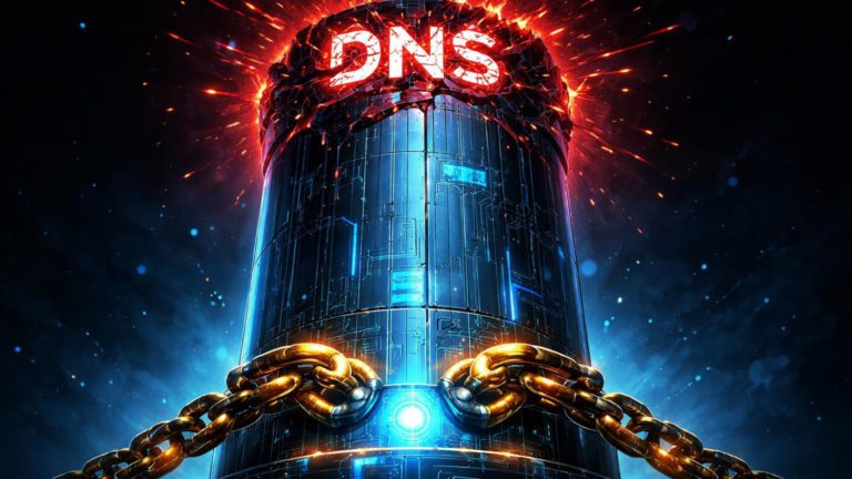 Torre digital com topo hijacked por rachadura vermelha DNS glitchada e base ancorada por correntes douradas, alertando ataque ao site OpenEden