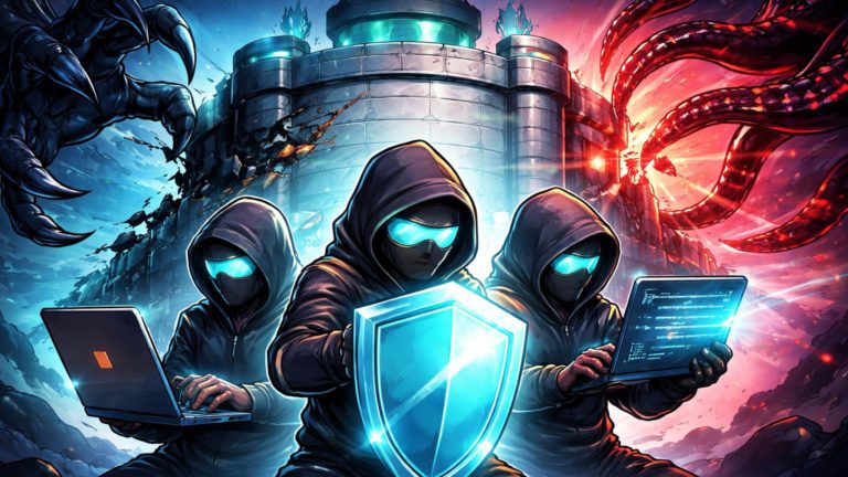 Bitcoiners cartoon defendendo fortaleza digital contra garras físicas e tentáculos de exploits DeFi, representando crise de segurança no mercado cripto