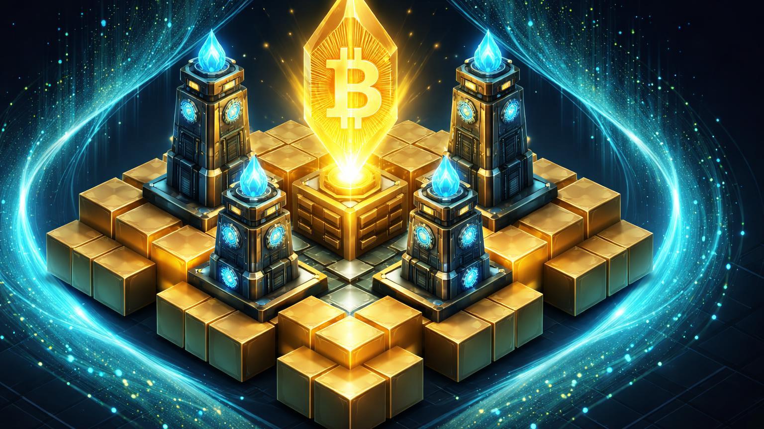 Estrutura isométrica de blocos dourados sustentando torres de mineração Bitcoin, com fluxo cyan desviado simbolizando resiliência na dificuldade
