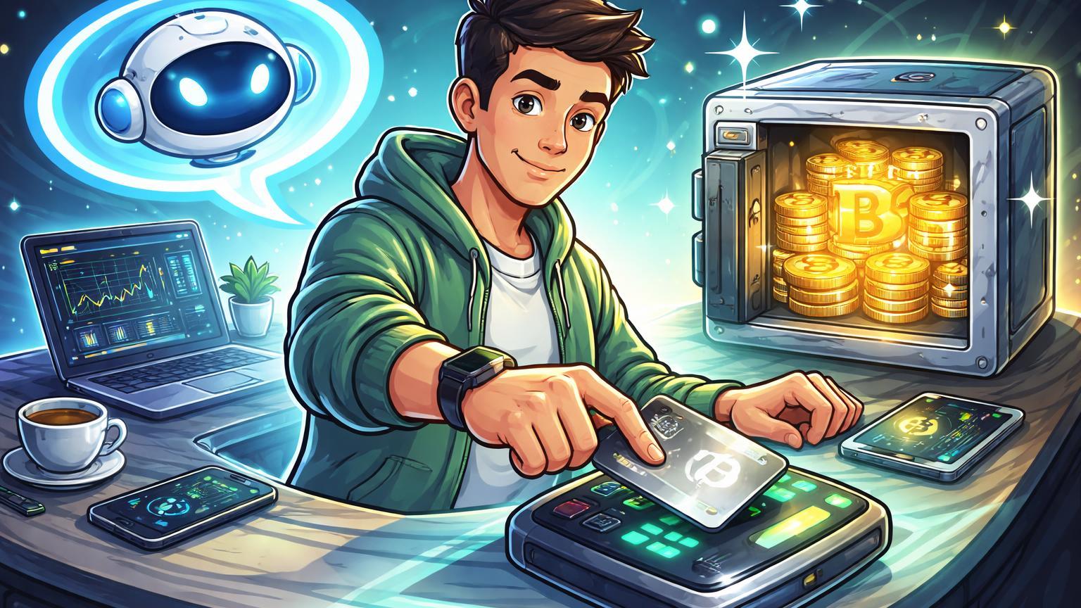 Personagem cartoon multitask com bot IA Telegram, cartão cripto regulado e cofre Bitcoin, ilustrando facilidades práticas no mercado cripto