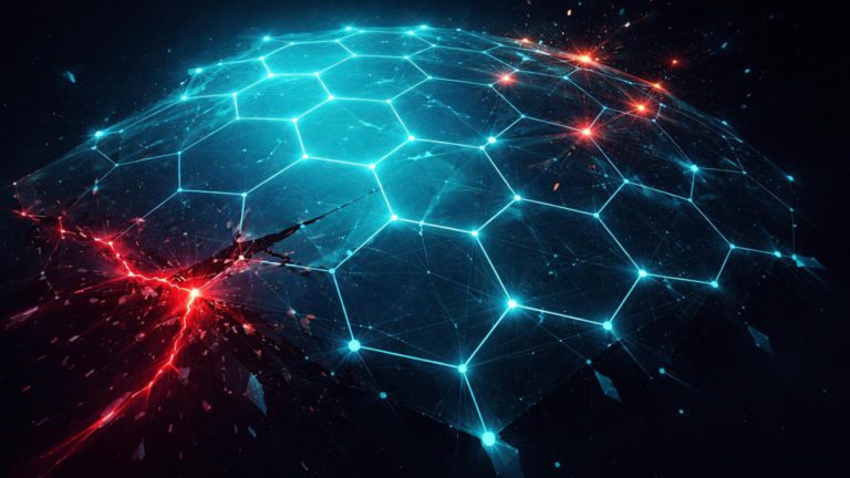 Rede hexagonal digital fragmentando com rachadura vermelha e nós piscando laranja, simbolizando riscos DeFi e outage no X